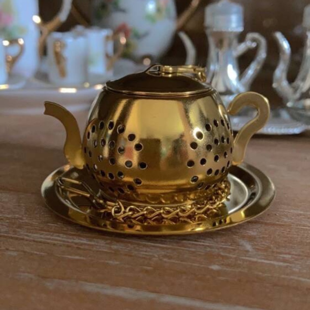 New Gold Stainless Steel Loose Leaf Tea Strainer Filter Chain Saucer Minimalist - Picture 12 of 16